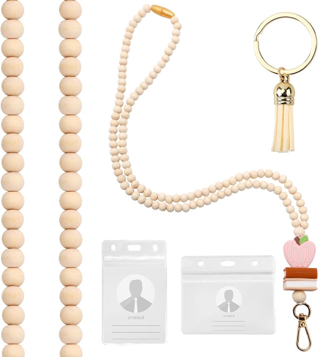 Leraren Lanyard met ID Houder en Houten Kralen - Schattige Lanyard voor Vrouwen, Sleutelhangers en Kaarten, Perfect voor Schoolgebruik