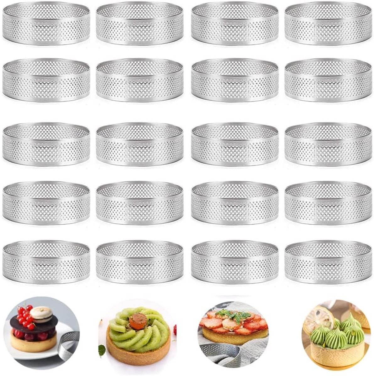 20 ronde cake ringen met gaten - fruitcake - quiches - cake - mousse - keuken - bakvorm - geperforeerde cake mousse ring - 8 cm