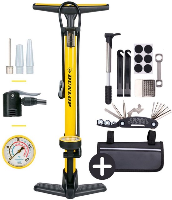 Dunlop Fietspomp met Drukmeter en Fiets Reparatieset 14-delig - Fietsgereedschap met Mini Pomp en Bandenplakkers - Geschikt voor Presta Dunlop Schrader Ventiel - Geel