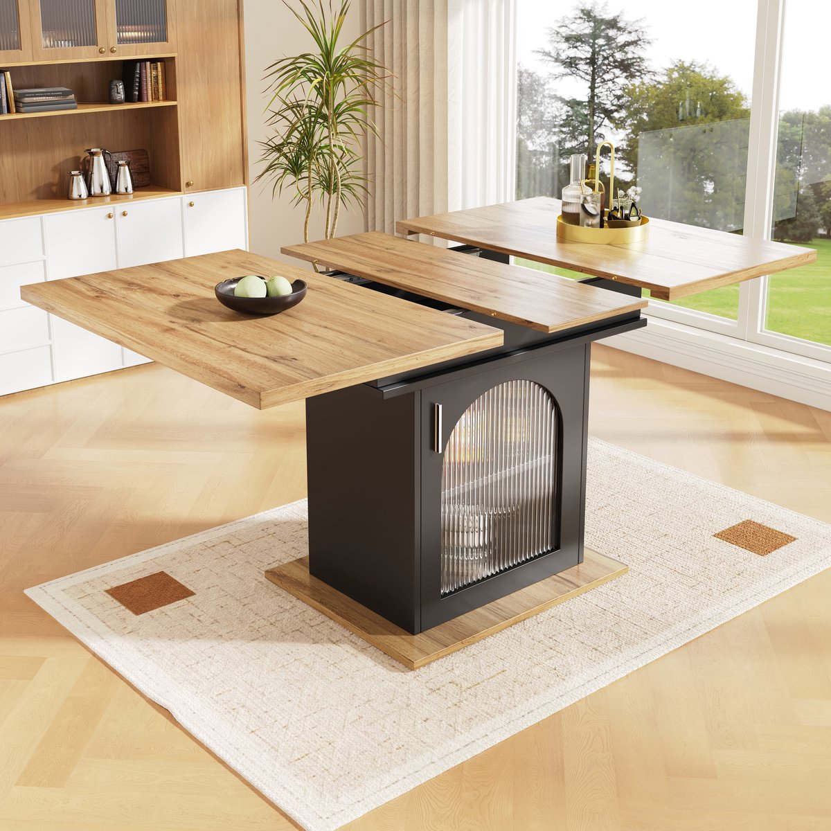 MODENUIT Eettafel - Uitschuifbaar Met Opbergplanken - Voor Keuken En Woonkamer - MDF En Glas - 110-140x80x76 Cm