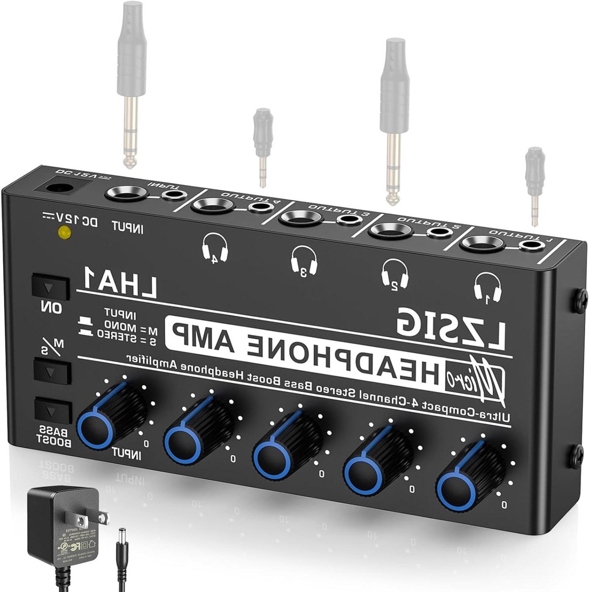 Hoofdtelefoon Versterker - Oordopjes Splitter Audio - Muziek Luisteren - 4 Onafhankelijke Volume Knoppen - Compact Formaat - Zwart