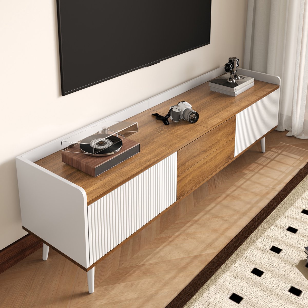MIVRAY TV Meubel - Drie Deuren Met Ruime Opbergruimte - Verhoogde Rand En Kantelbeveiliging - MDF Spaanplaat - 160x39x49,5 Cm - Wit Naturel