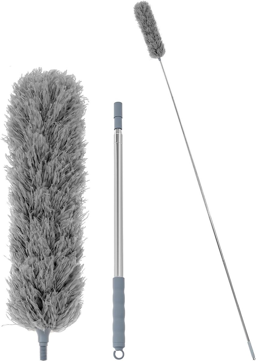 Telescoop Stofveger 2.5m met Buigbare Kop Ø16x40 cm, Herbruikbare Stofverwijderaar voor Hoge Plafonds en Moeilijk Bereikbare Hoeken