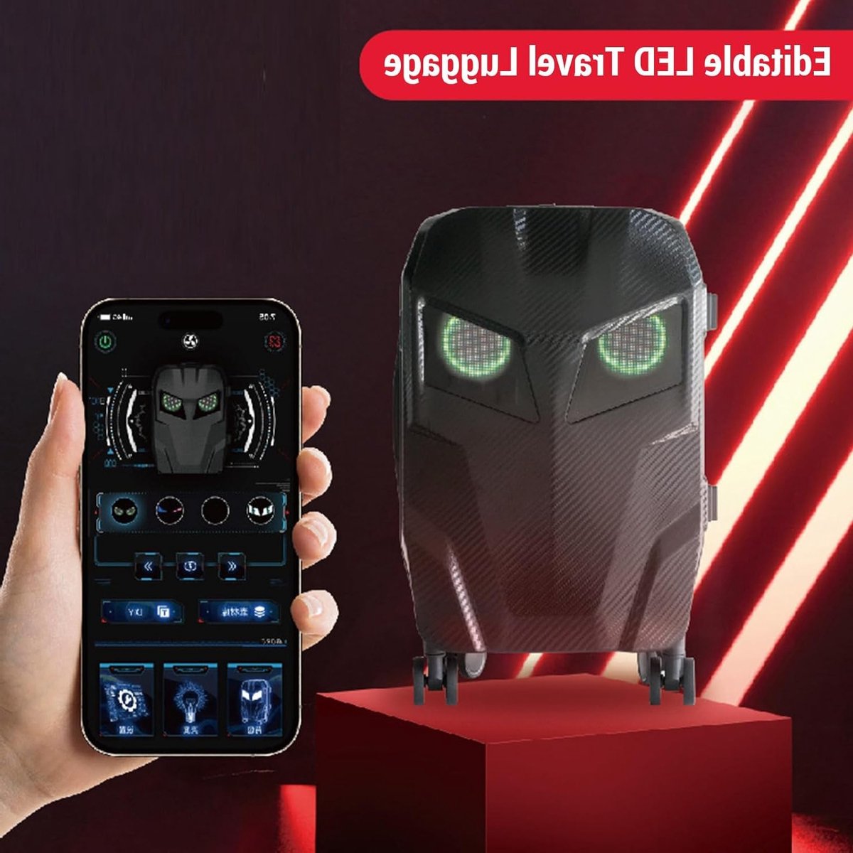 20 Inch LED Reis Koffer met 48 X 48 Pixels, Programmeerbaar Kleuren Scherm, App Besturing en Multifunctionele Hardshell Koffer voor Mannen en Vrouwen