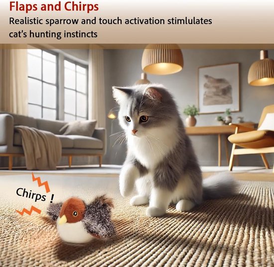 Een grijze kat kijkt naar een flapperend vogel speelgoed op de vloer. Het speelgoed fluit en stimuleert de jachtinstincten van de kat.