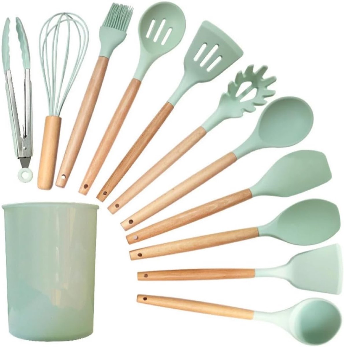 OLOEY 11 stuks silicone keukengerei set -hoge temperatuur bestand tegen kleven -massief houten handvat -met potschop lepel gezicht lepel schaar schraper borstel -lichtgroen