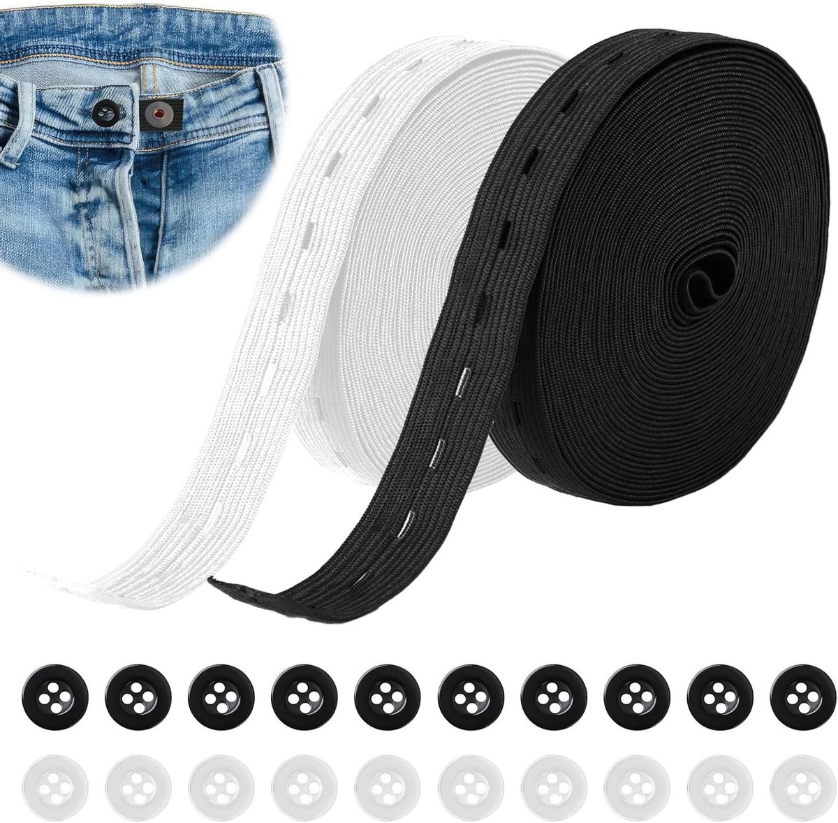 Set van Elastische Band met 20 Knopen van Hars, 14 m in Wit en Zwart voor Kleding en Accessoires Personaliseren (Breedte 20 mm)
