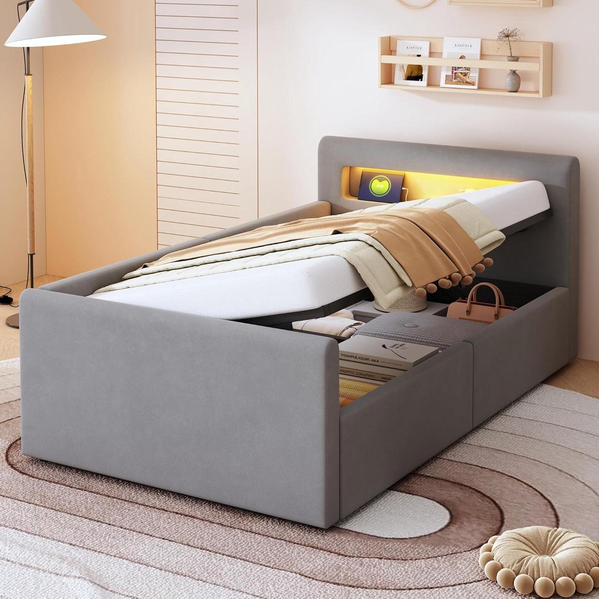Gestoffeerd Kinderbed - Jongens Meisjesbed - Comfortabel Slapen - Met LED en USB - 90 x 200 cm - Lichtgrijs