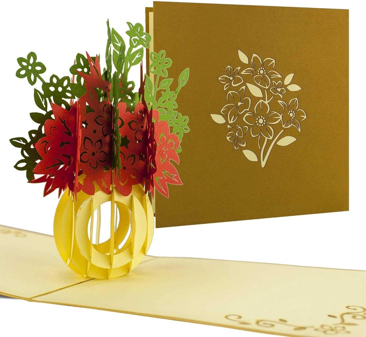 Pop-up Bloemenkaart - Verrassingskaart Boeket - Bruiloft Vieren - Handgemaakt Ontwerp - 15 cm x 15 cm - Rood en Groen