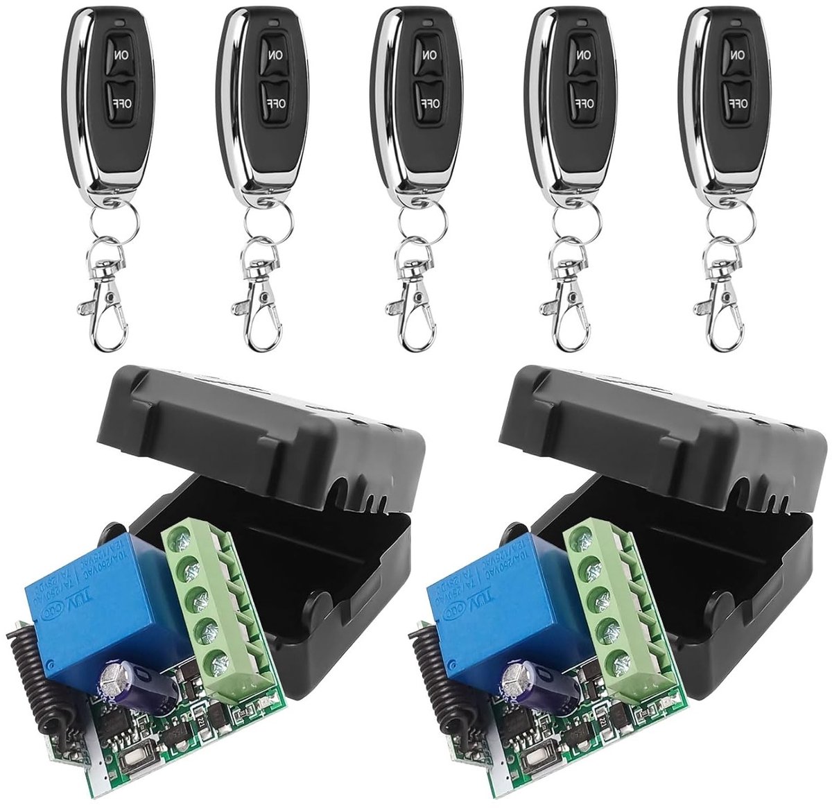 Draadloze afstandsbediening schakelaarset 433MHz, DC 12V, 1CH RF relaisontvanger met zenders voor garagedeuren, lange afstand en eenvoudig te installeren (2 ontvangers + 5 afstandsbedieningen)