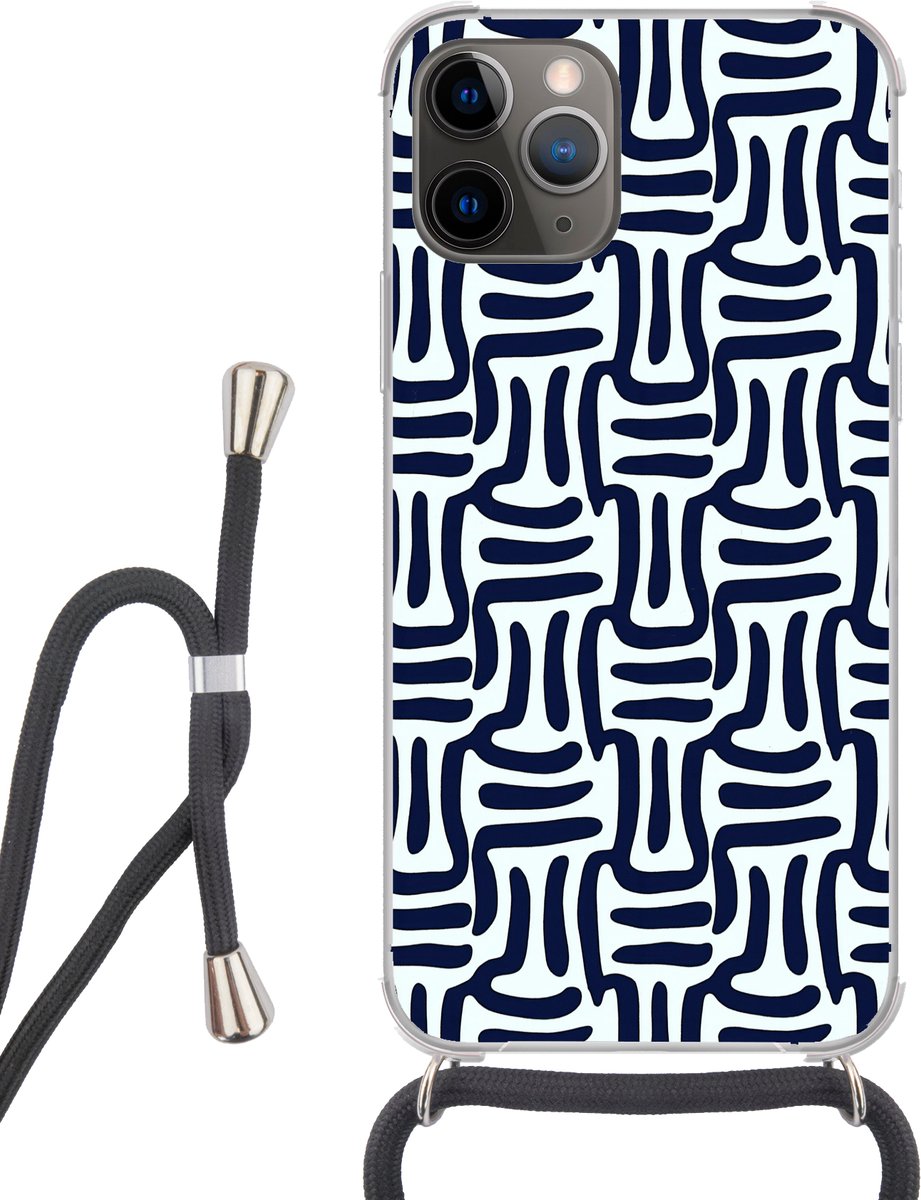 Telefoonhoesje Geschikt voor iPhone 11 Pro - Abstract - Modern - Blauw - Siliconen - Crossbody - Backcover met Koord - Telefoonhoesje met koord - Hoesje met touw Telefoonhoesje