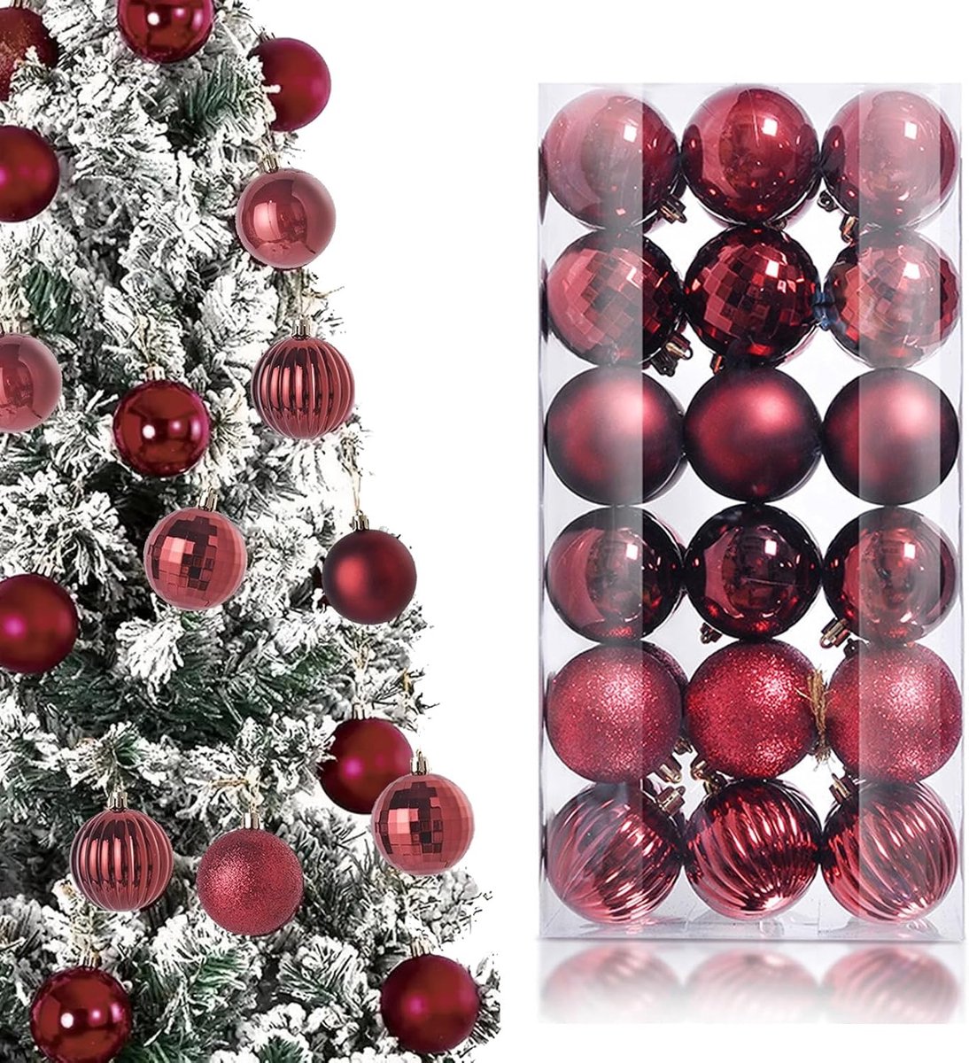 36 Rode Kerstballen - Kerstdecoratie - 3 cm - Kerstboomdecoratie - 6 Soorten Oppervlakken - Plastic Ballen met Koord voor Boomdecoratie - Kerst - Thuis - Bordeaux