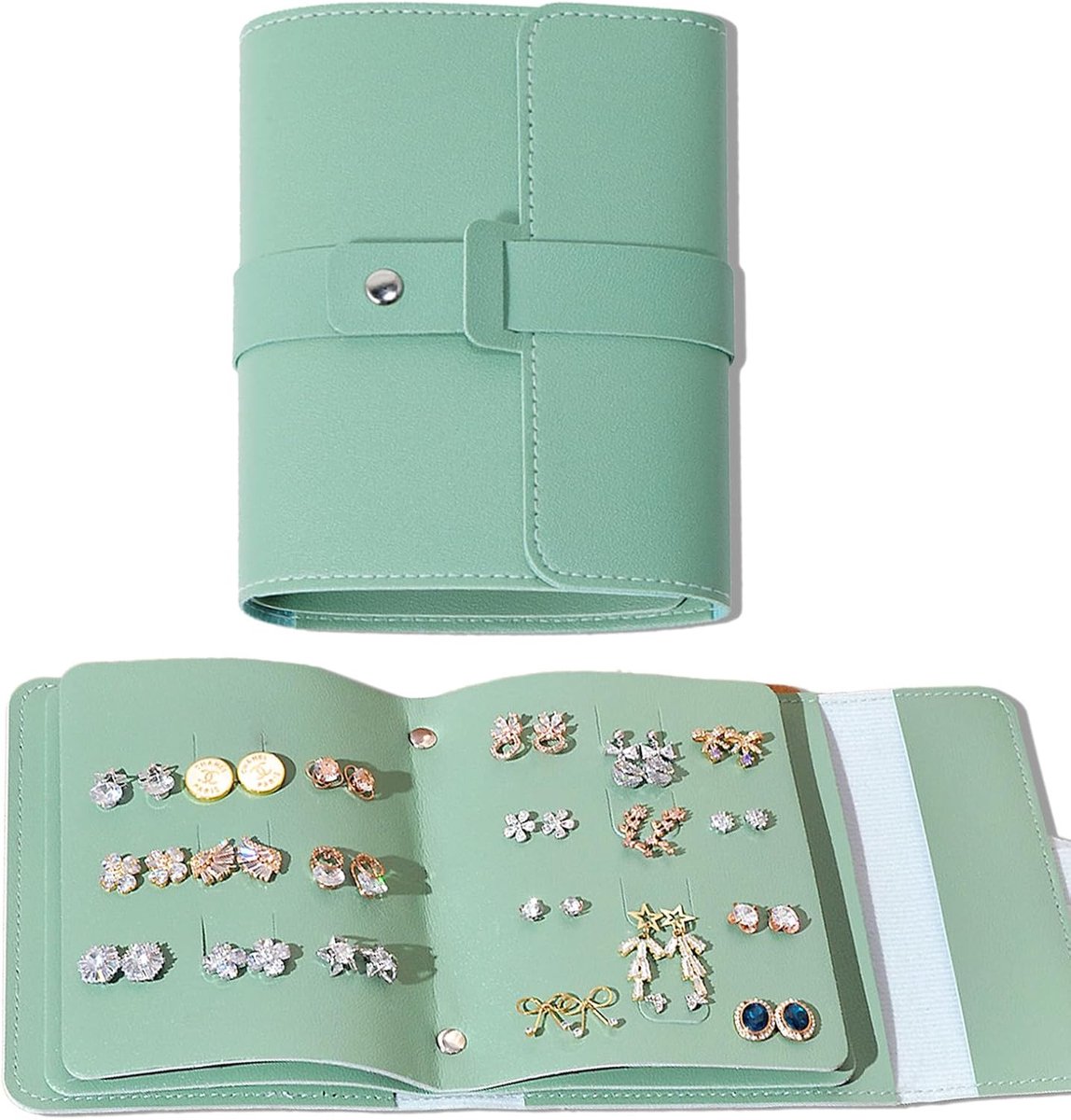 Creatieve Boekvormige Earring Houder - Draagbare Reisjuwelendoos - Lichtgroene Organizer voor Oorbellen - Geschenken voor Vrouwen en Meisjes