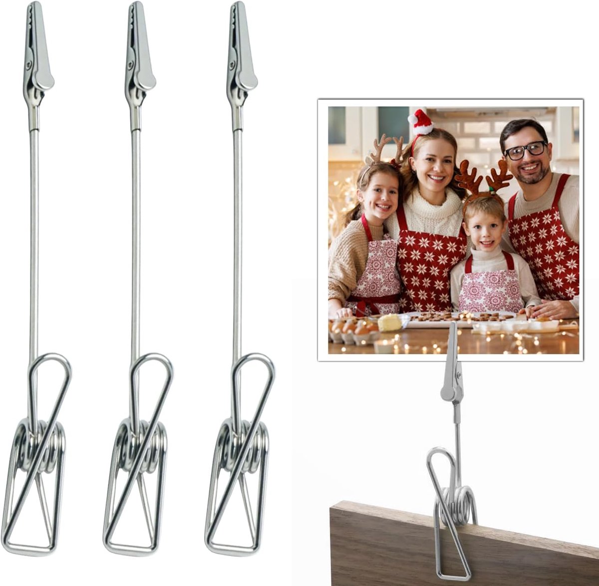 3 stuks fotolijsten met wasknijpers - tafel foto clips - kaartenhouder clips - geschikt voor kantoor - school - thuis - winkel - zilver