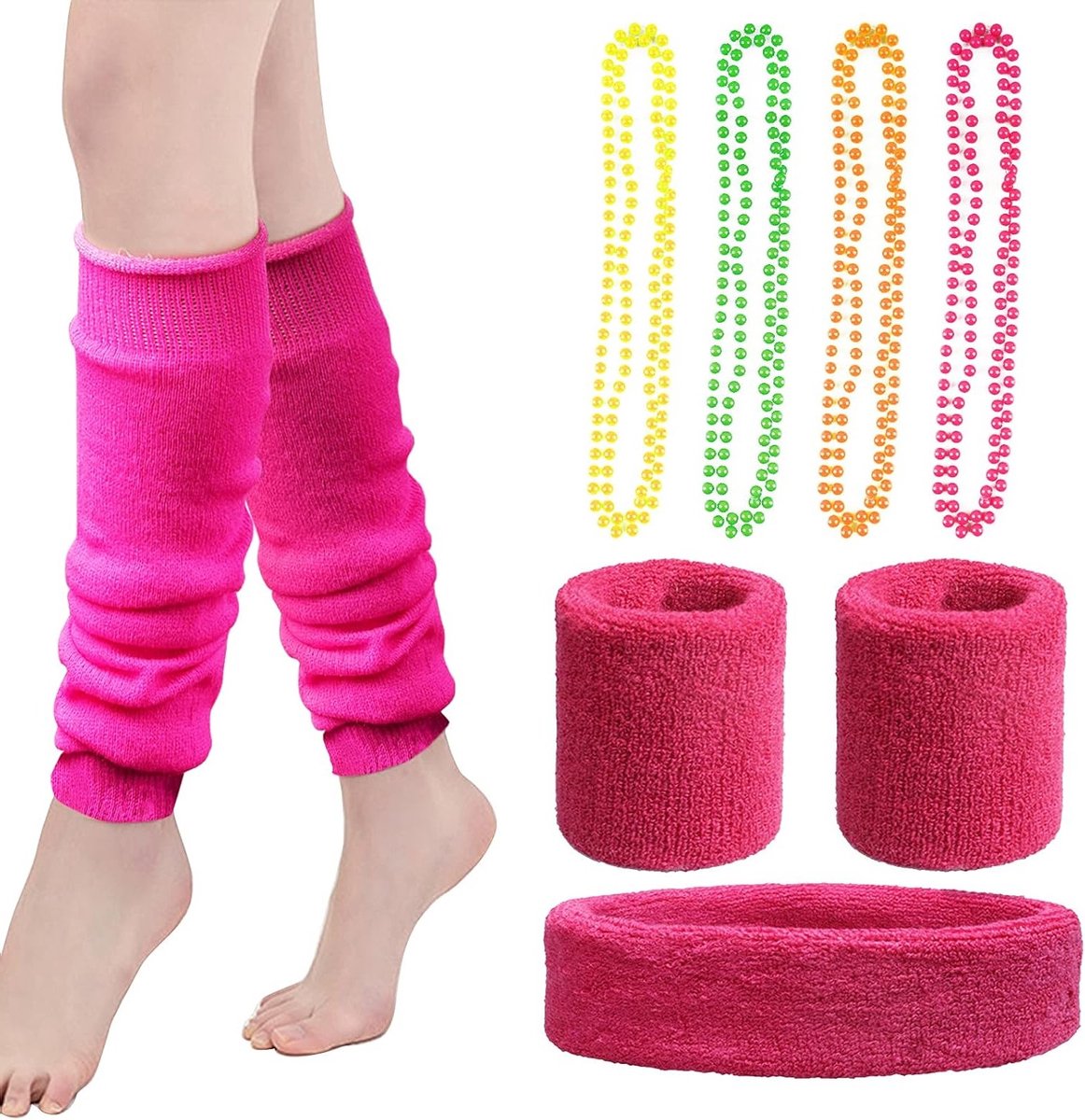 Set van 80s Haarband en Polsbanden met Roze Beenwarmers, Kralenkettingen en Sportaccessoires voor Teamuitjes, Gymnastiek en Feestjes