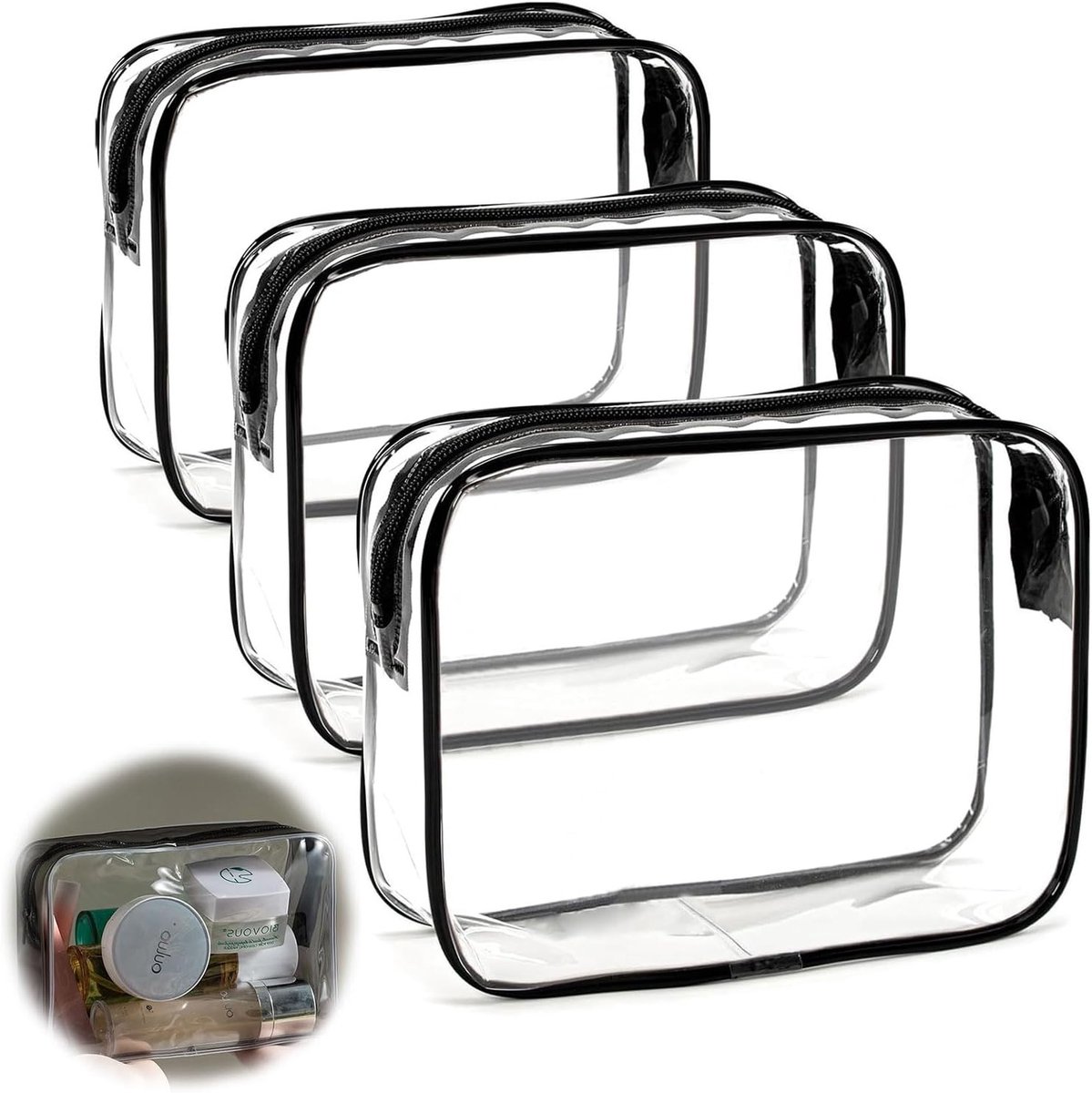 Set van 3 Transparante Toilettassen van PVC - Waterdichte Cosmetica Bags voor Handbagage, Goedkeuring TSA, Ideaal voor Reizen en Organisatie van Make-up en Toilettenartikelen