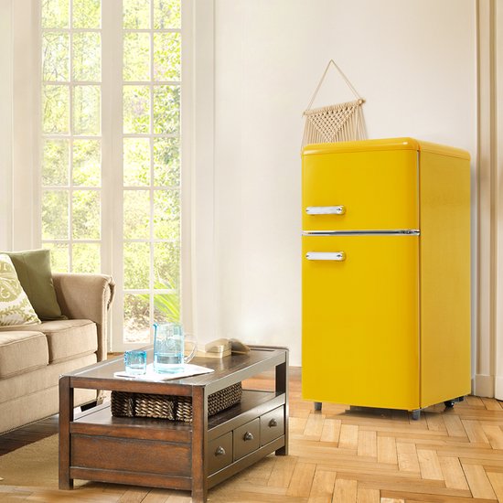 Retro koelkast geel 72L | Tweekoers tafelmodel minikoelkast met vriesvak, LED verlichting, energieklasse E
