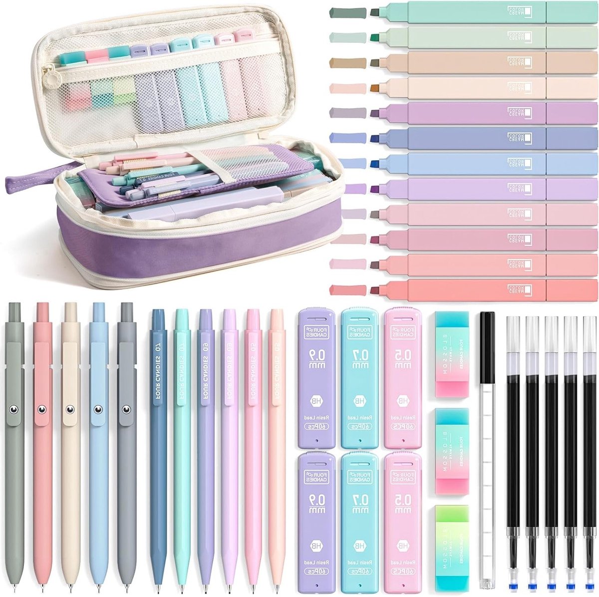 39 Stuks Schoolbenodigdheden Set met Pastel Markers, Gelpennen, Mechanische Potloden en Pennen voor Tieners en Meisjes in Aesthetic Stijl