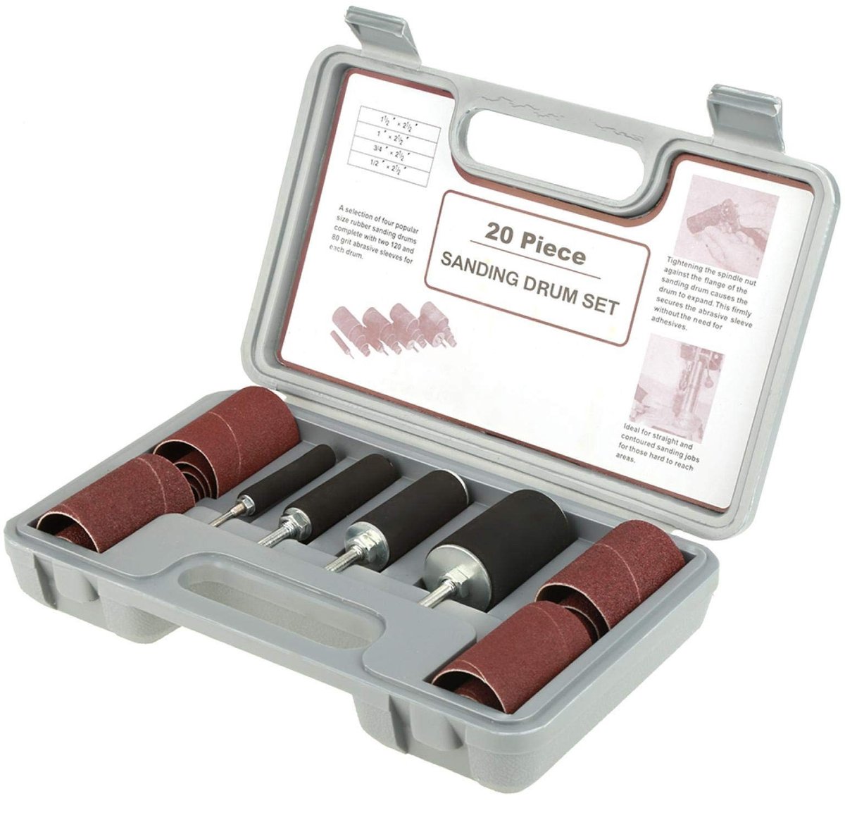 Allecto - Schuurtrommelset - 20-delige set - Voor kolomboormachine - Inclusief koffer - Perfect voor houtbewerking - Professionele schuurtools - Ha...