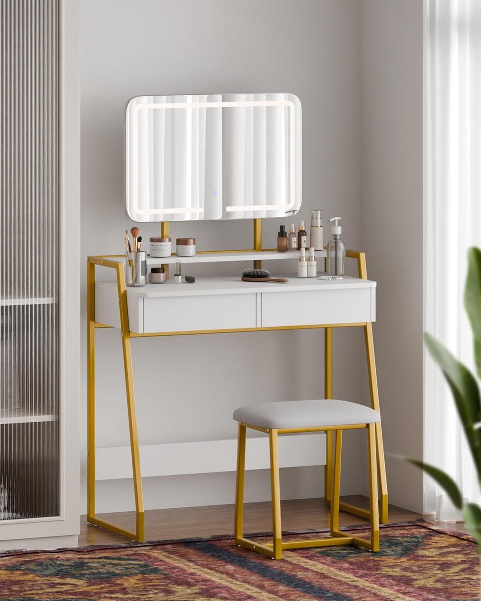 Luxe Kaptafel met LED-Spiegel, Wit & Goud Design inclusief Comfortabele Kruk 84x43x142cm
