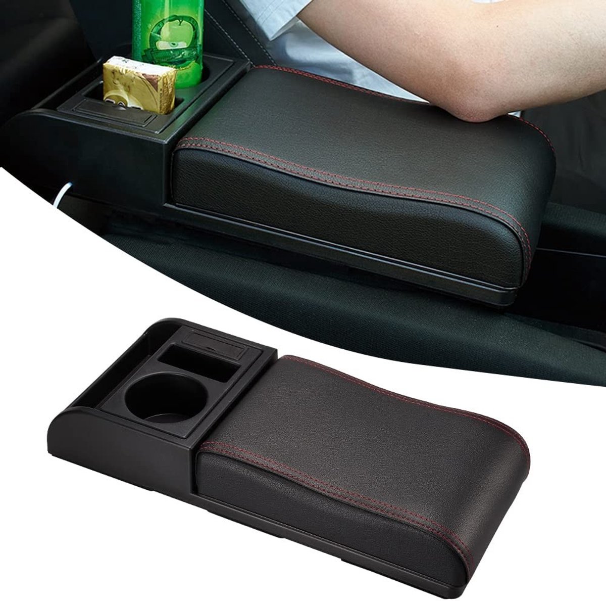 Allecto - Autostoel Armsteun - Opbergdoos en Kussen - Curved - Rood - USB Poorten - Voor Comfort en Functionaliteit
