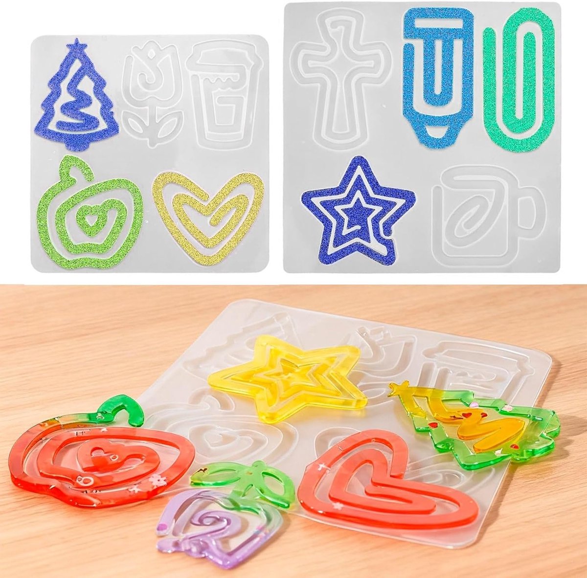 Set van 2 siliconen gietvormen voor bladwijzers, creatief DIY met hart, ster en appel vormen, perfect voor epoxyhars en boekenleggers maken