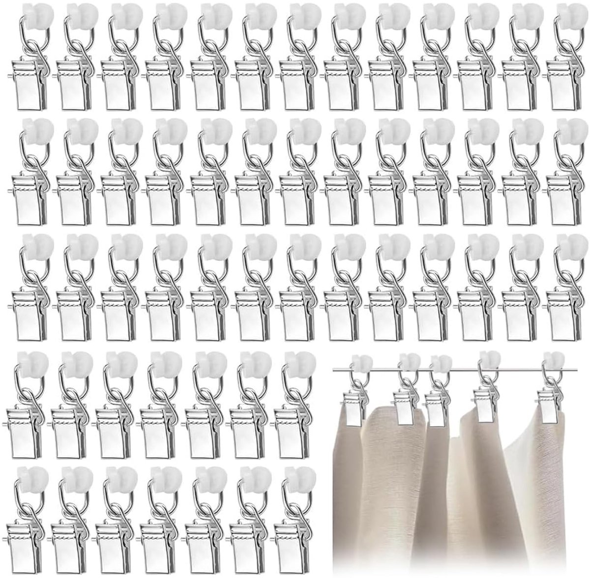 NTHProducts - Gordijnhaken met Wieltjes - 60 Stuks - Lichtgewicht en Duurzaam - Wit - Geschikt voor Raam- en Douchegordijnen - Perfecte Klemhaken