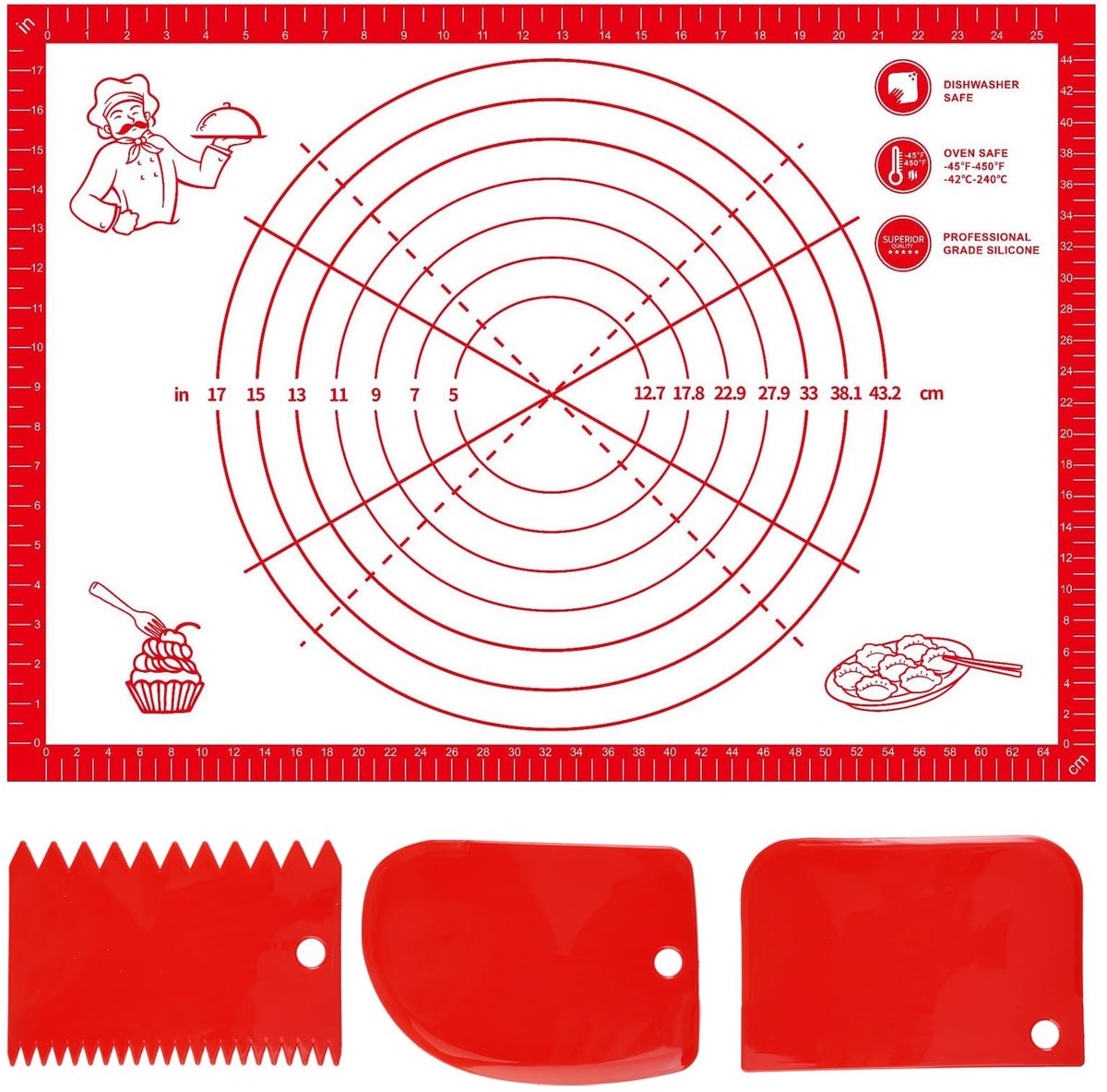 NTHProducts - Roll Out Board - Silikon Kneedmat - Non-Stick Coating - 70 x 50 cm - Bakmat voor Deeg - Inclusief 3 Scrapers - Geschikt voor Pizza en Mac...
