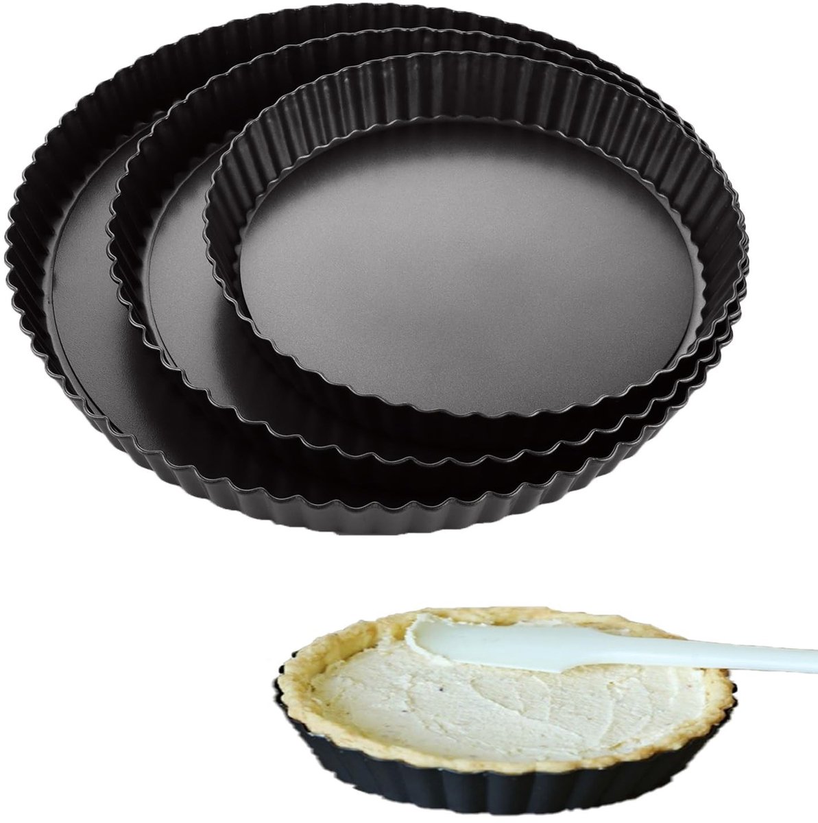 Allecto - Quichevormen - Taartvormen - Antiaanbaklaag - Zwart - Bakvormen - Ideaal voor taarten en quiches - Set van 3 maten