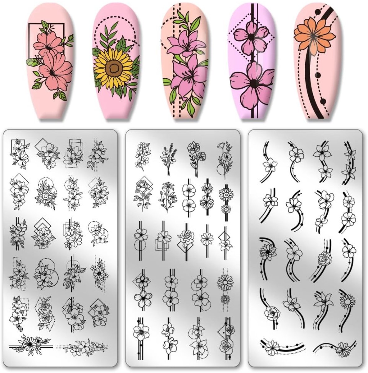 MTTProducts - Nail Stamping Plates - Nagelstempels - Creatieve Nail Art - Set van 3 - Floral en Geometrisch - Geschikt voor Thuisgebruik - Nail Art Ste...