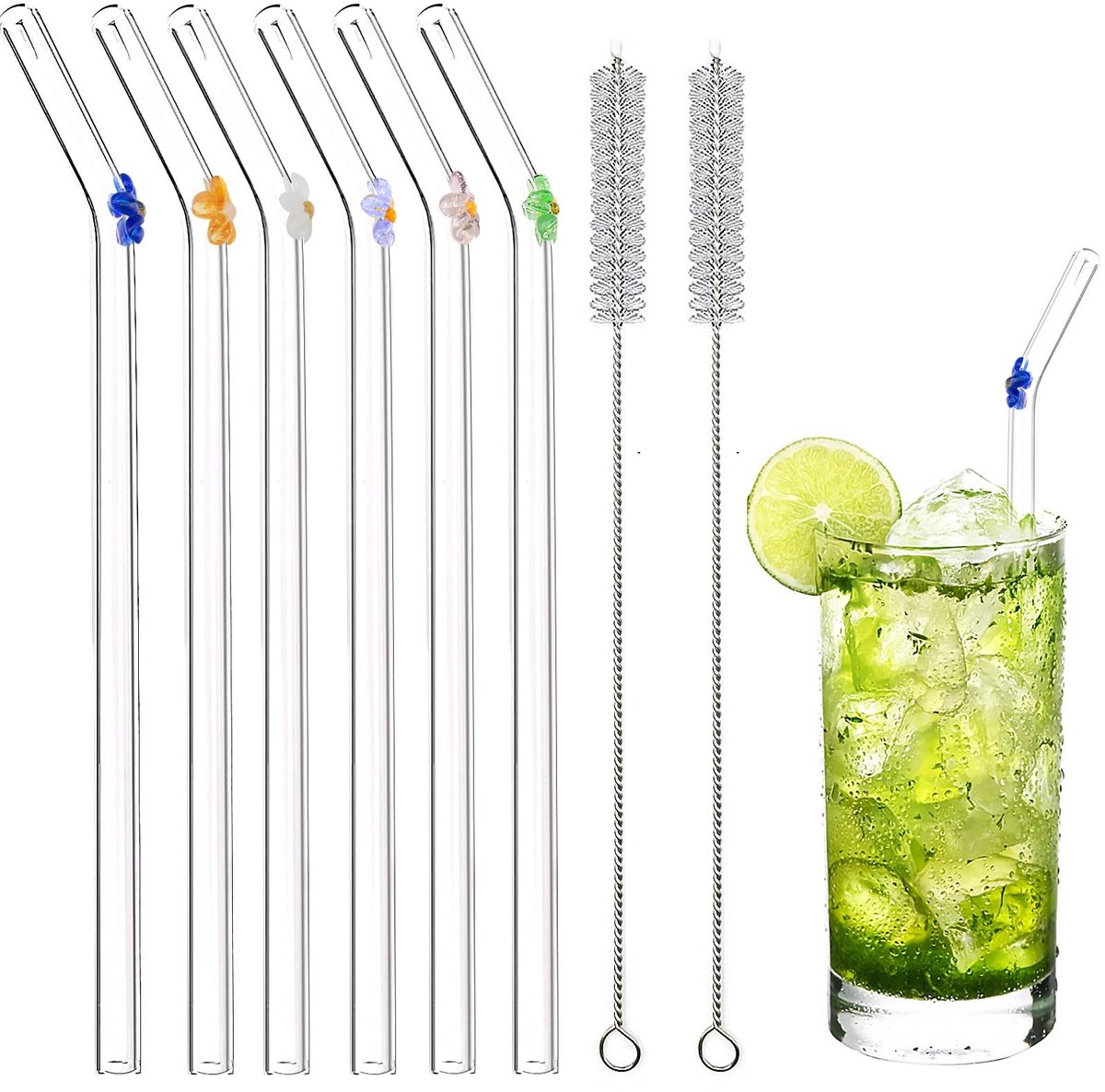 MTTProducts - Glazen Rietjes - Herbruikbaar - Duurzaam en Gezond - 200 mm - Borosilicaat Glas - Inclusief Schoonmaakborstels - Perfect voor Dranken