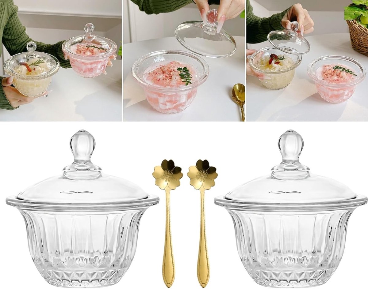 Set van 2 Handgemaakte Glazen Dessertkommen met Deksel, 210ml voor IJs, Pudding en Snacks, Inclusief Kersenbloesem Lepels, Modern en Minimalistisch Ontwerp
