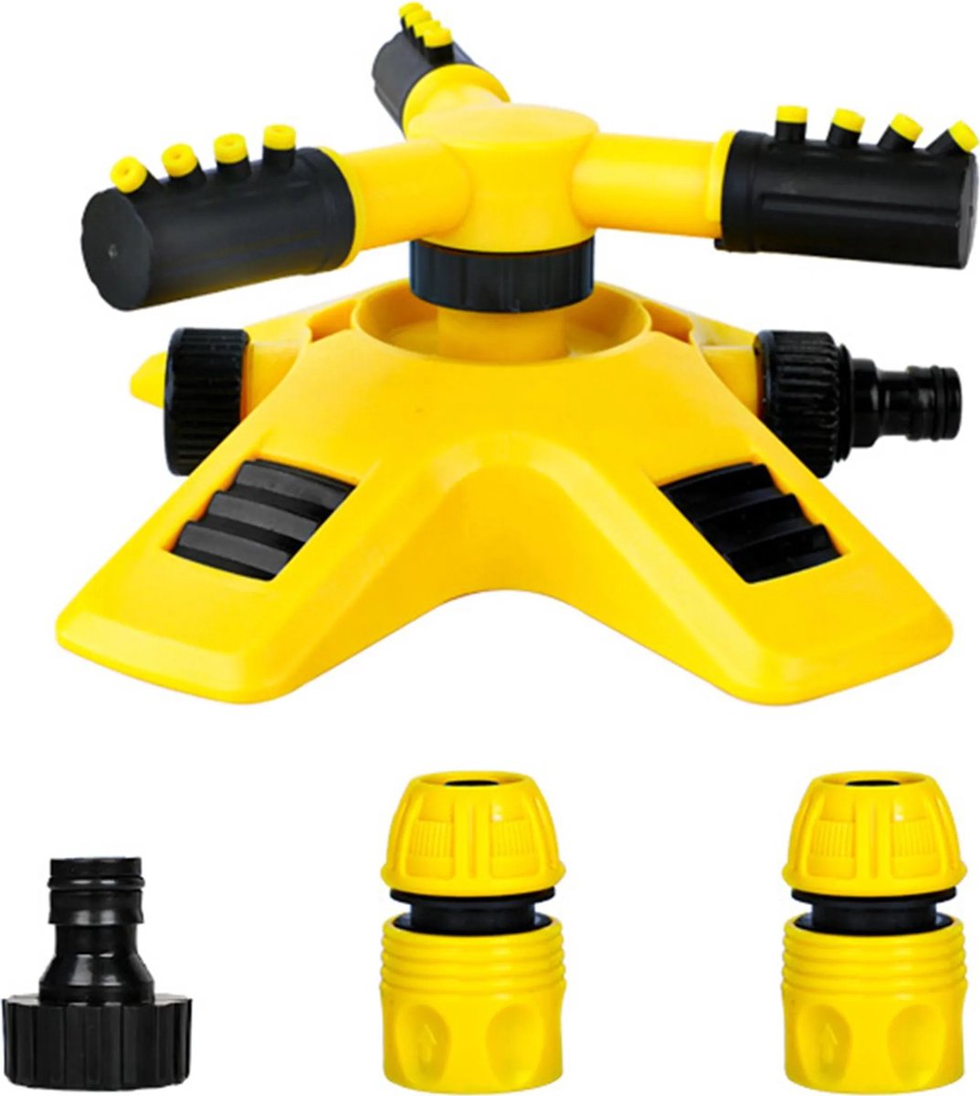 Automatische tuinsproeier, 360 graden draaibare sproeier, verstelbare sproeier met drie armen, 1/2-inch tuinslangaansluiting en tandemaansluiting, geschikt voor het besproeien van gazons.