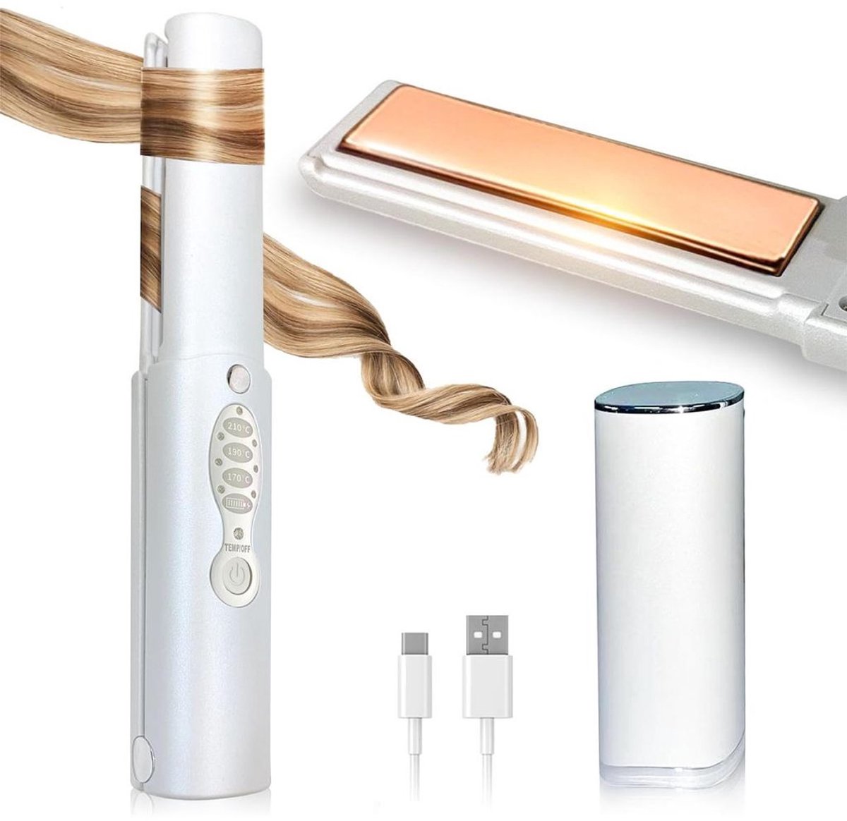 Deze 2-in-1 draadloze stijltang heeft een 5000mAh-batterij, een krulfunctie, 3 instelbare temperatuurstanden, warmt snel op en is geschikt voor alle haartypes. De temperatuur varieert van 170°C tot 210°C. Hij is verkrijgbaar in het wit.