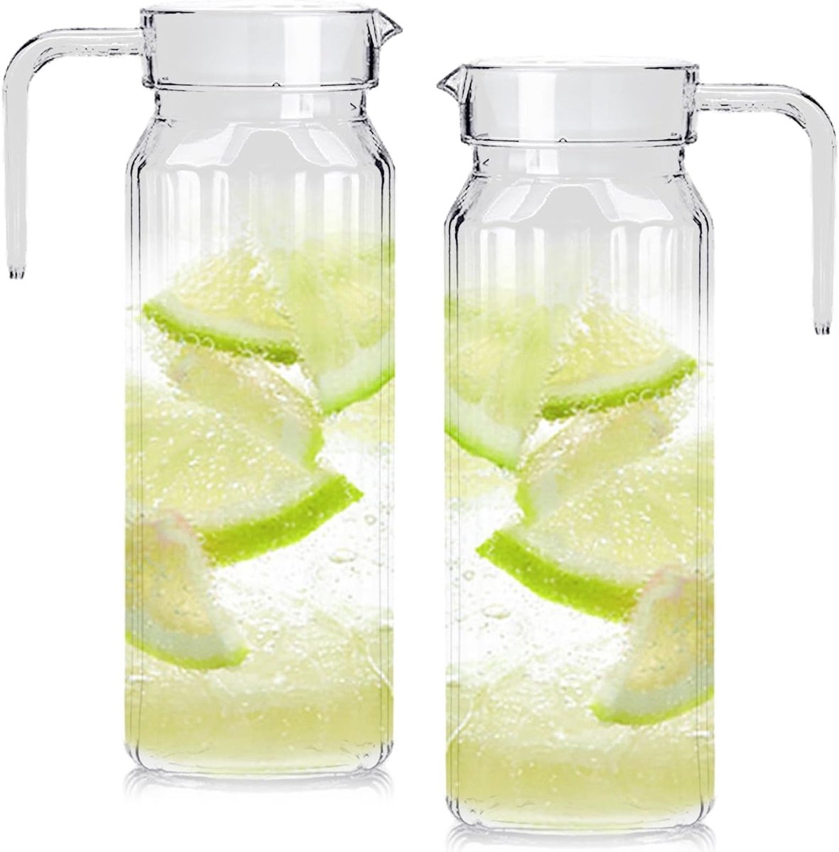 Set van 2 kunststof kannen met deksel, 1.5 liter water- en sapkannen, BPA-vrij, lekvrije tuit, ideaal voor koelkast, frisdrank, limonade en iced tea