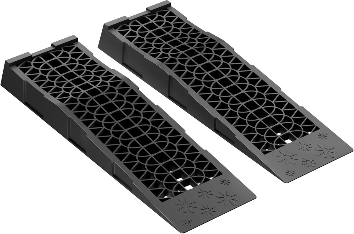 Oprijplaten set - Kunststof hellingen - Voertuig nivelleren - Extra vlak ontwerp - 70x20x7.8 cm - Zwart