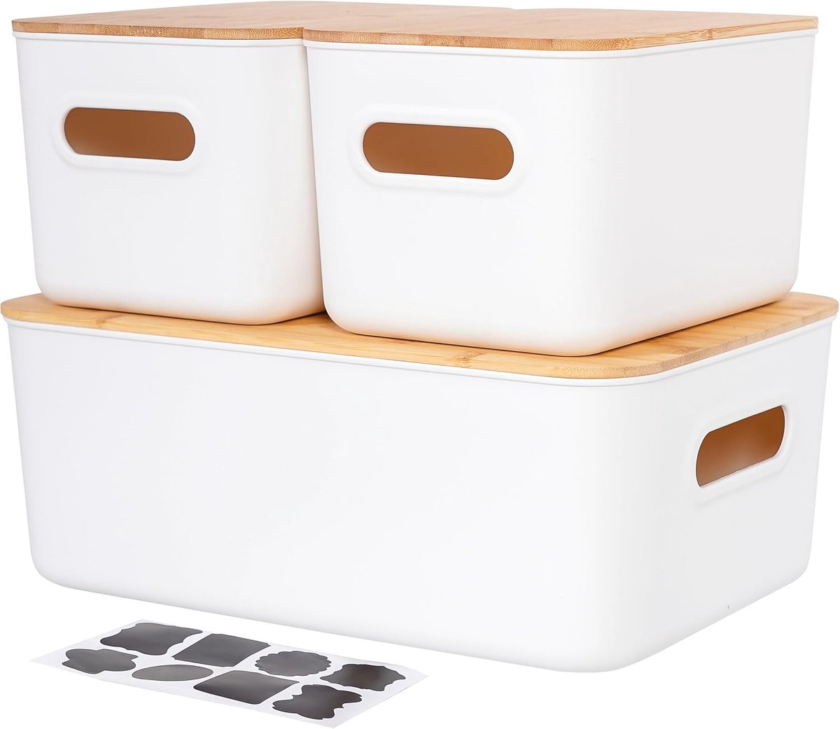 Opbergdozen Set - Bewaarboxen Bamboe - Huis Organiseren - Stapelbaar Met Handvat - 3 Stuks - Wit