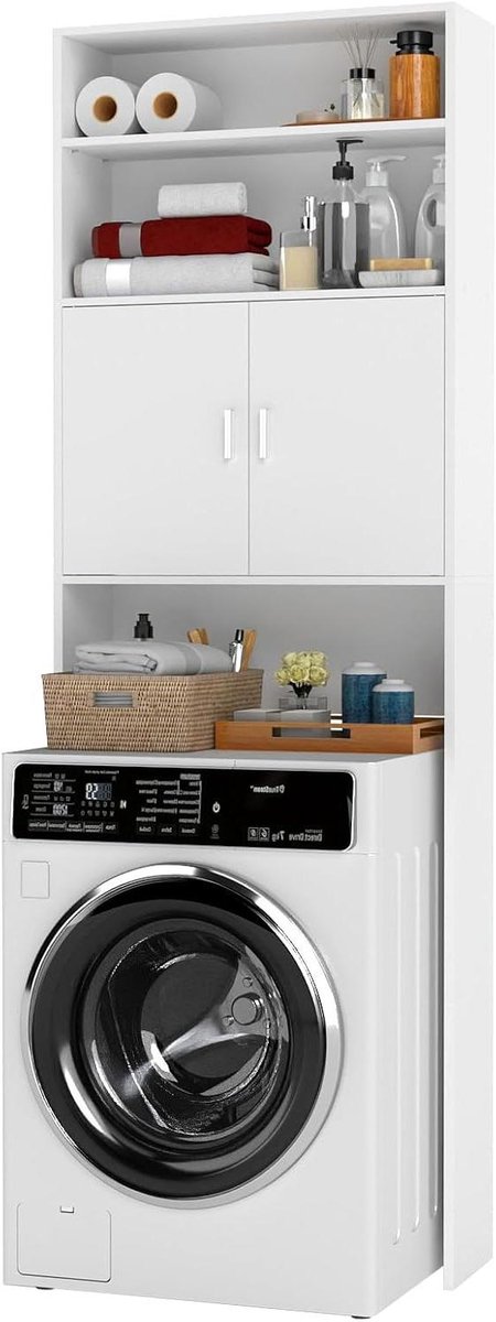 Wasmachine Kast - Badkamer Opberger - Ruimte Besparen - Open en Gesloten - 185 x 63 cm - Wit