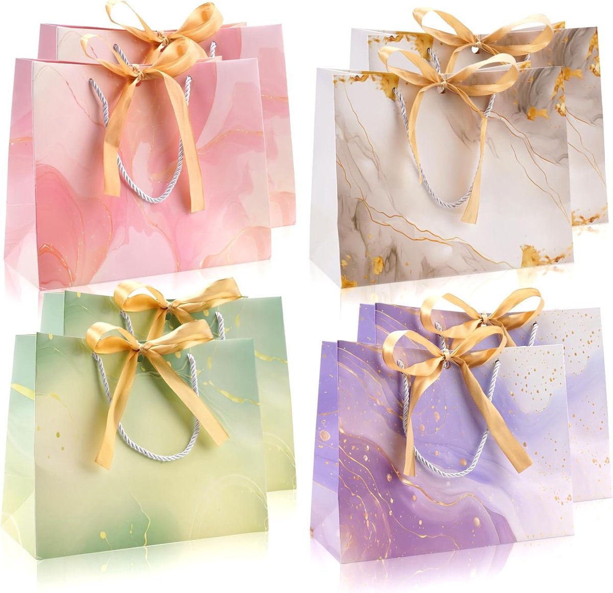 Set van 8 Grote Cadeautassen met Handvat en Zijden Cadeautas - Papieren Tassen voor Feesten, Evenementen, Huwelijken en Afstuderen (25 x 20 x 12 cm)