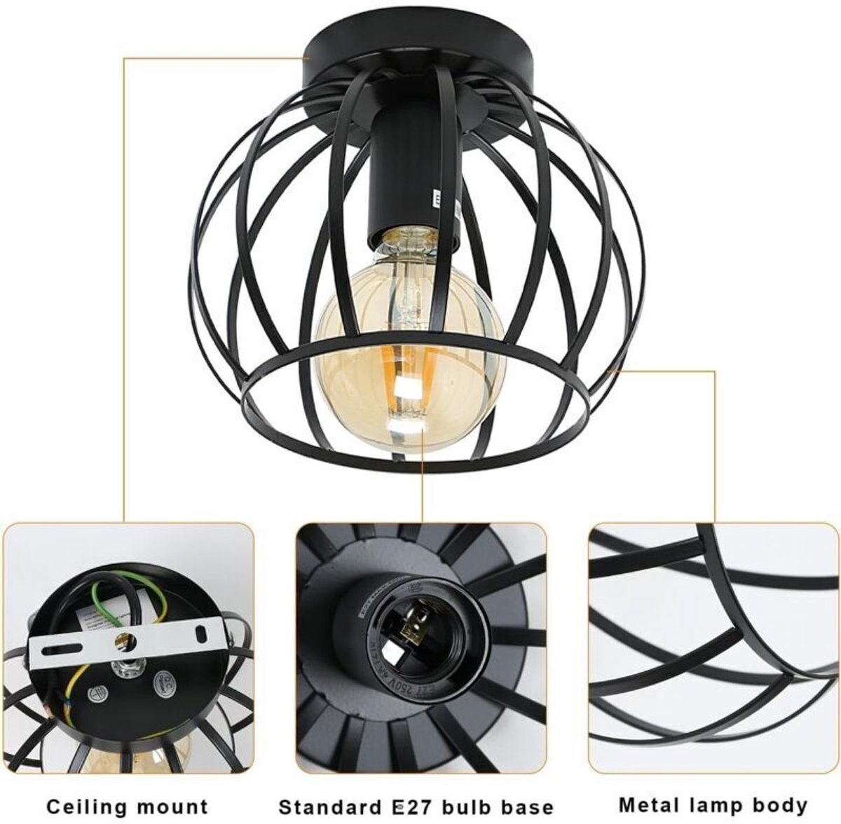 Plafondlamp in retro industriële stijl, retro kooivormig E27-armatuur, geschikt vooralen plafondlamp, geschikt voor keuken, slaapkamer en hal (zwart).