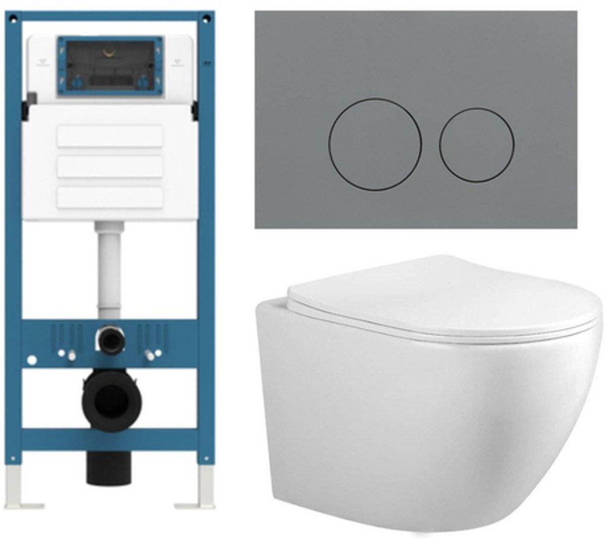 Adema Salina 2.0 Toiletset - 48.5x36x32cm - diepspoel - spoelrandloos - QeramiQ inbouwreservoir - softclose - quickrelease - toiletzitting - licht grijze kunststof bedieningsplaat - ronde knoppen - wit