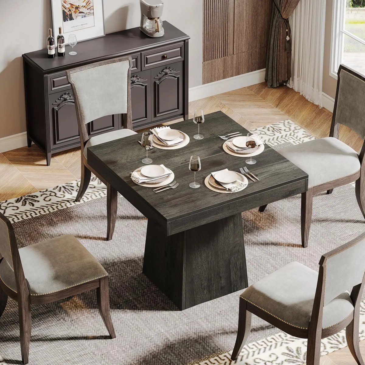 Questyr - Vierkante Eettafel voor 4 Personen - 31,5‑inch Keukentafel - Compacte Eettafel met Stevige Centrale Poot - Landelijke Boerderij‑stijl