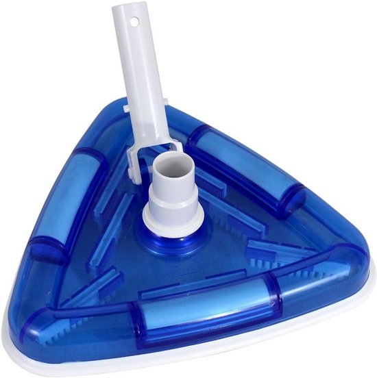 Blauwe transparante driehoekige zwembadstofzuigerkop met een witte steel, op een witte achtergrond.