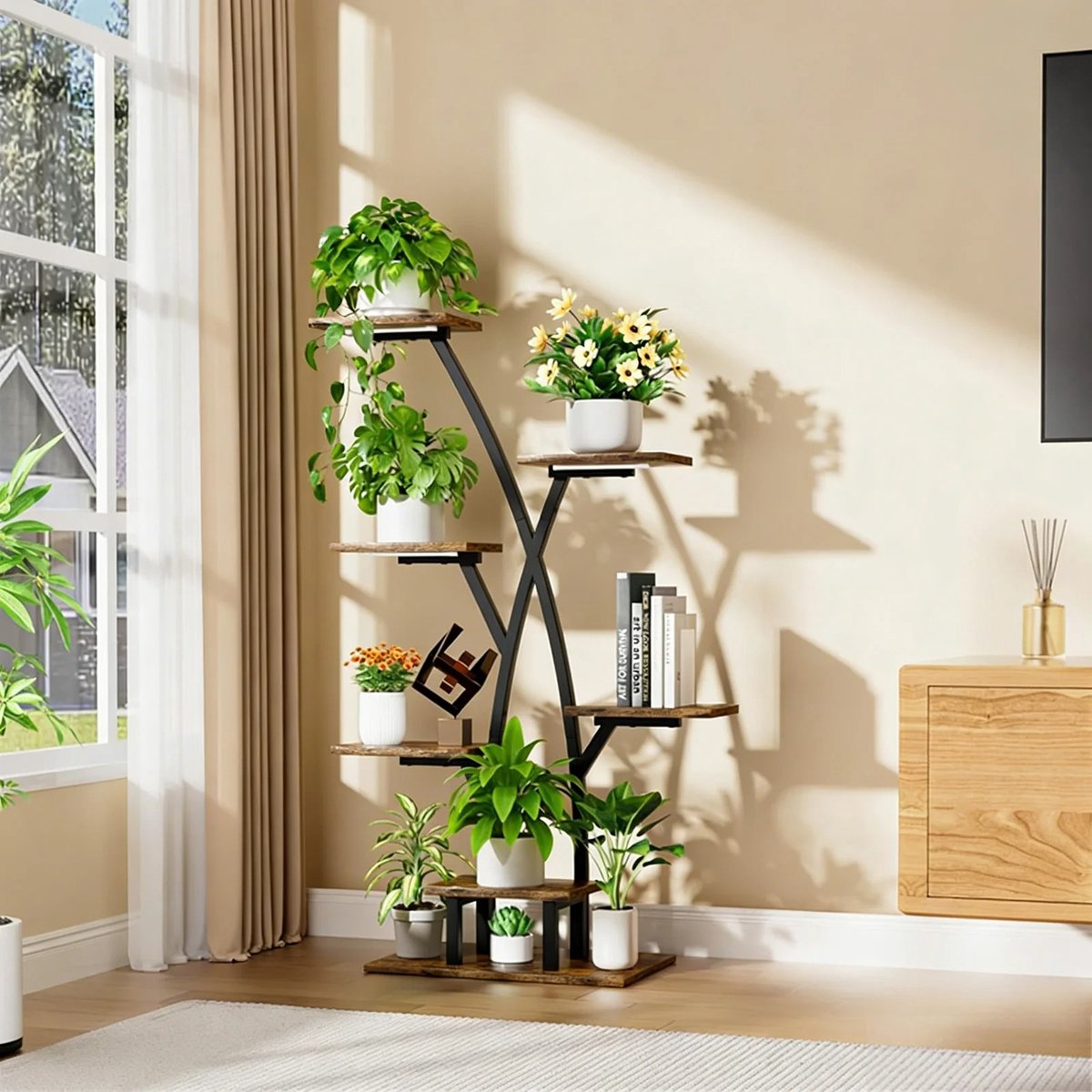 HomeGoodies - Plantenstandaard met groeilampen – 7-laags plantenrek met planken - Voor binnen en buiten – 106 cm - zwart/bruin