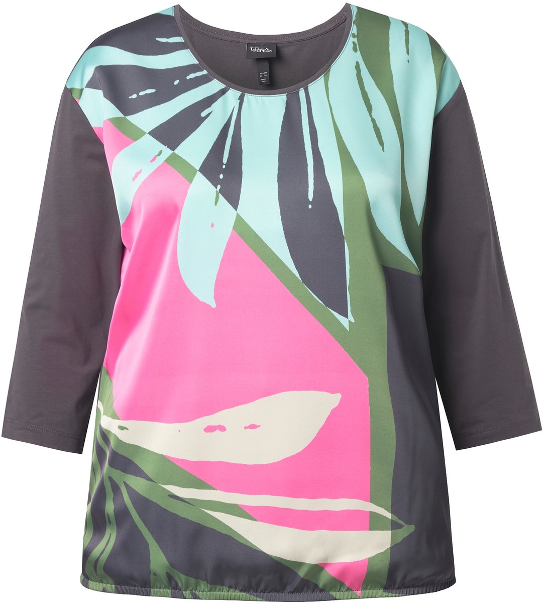 Ulla Popken - Dames - Shirt satijn oversized ronde hals 3/4-mouw - Antraciet - Maat 42+