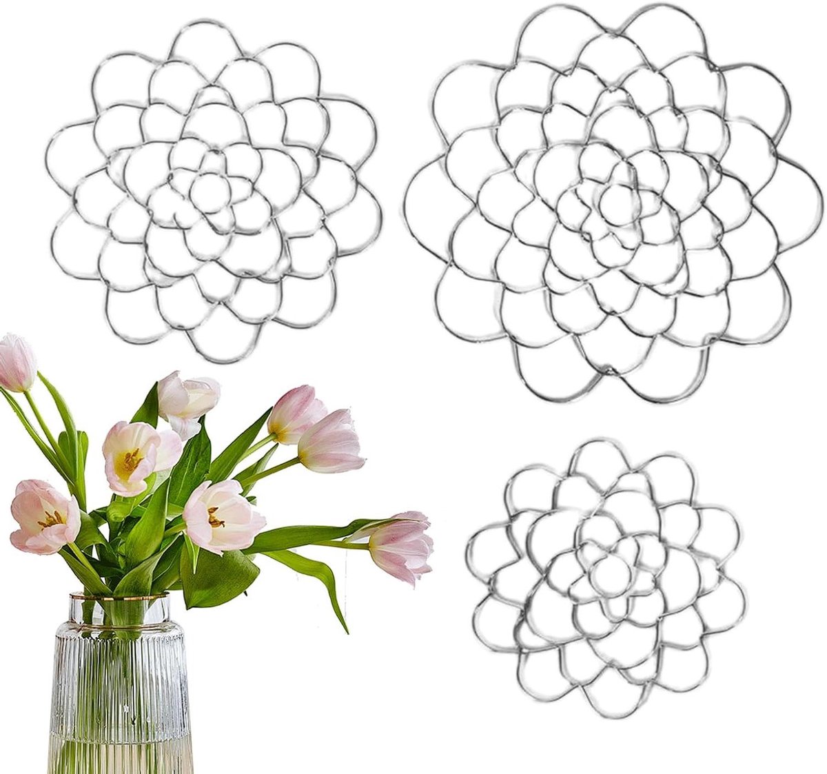 Bloemenrooster voor vaas - Bloemenschikking steun - Bloemen presenteren - Herbruikbare arrangementen - 3 stuks - Zilver