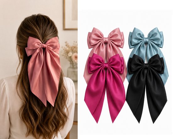 Collage van een meisje met oudroze strik en een set van oudroze, fuchsia, blauwgroene en zwarte strikken.