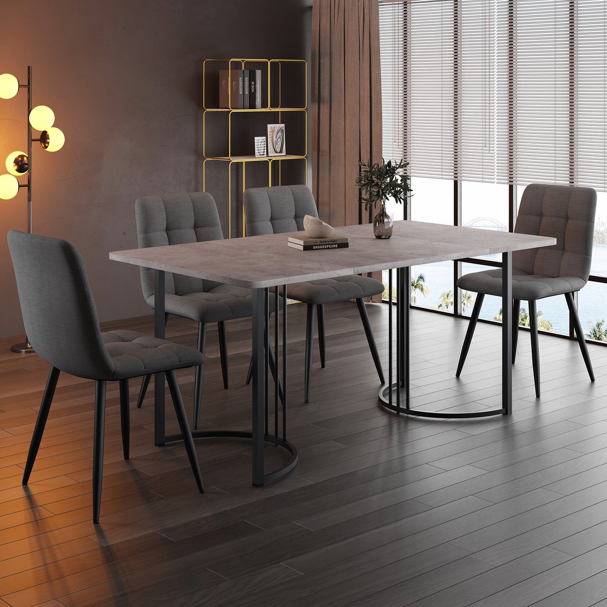 Eettafelset - 140×80 cm - Modern Tafel Set + 4 Stoelen - Leinen Stoelen - MDF Blad - Grijs/Zwart