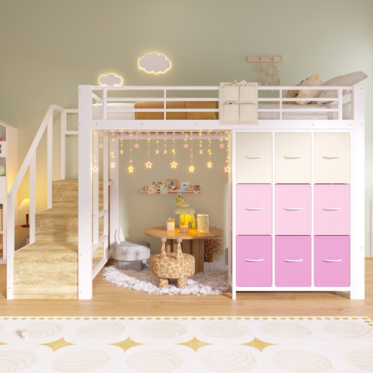 VVBV Kinderhoogslaper 140x200 cm met Lades, Trap/Ladder - Uitvalbeveiliging, Opbergruimte - Metaal Wit - Zonder Matras White