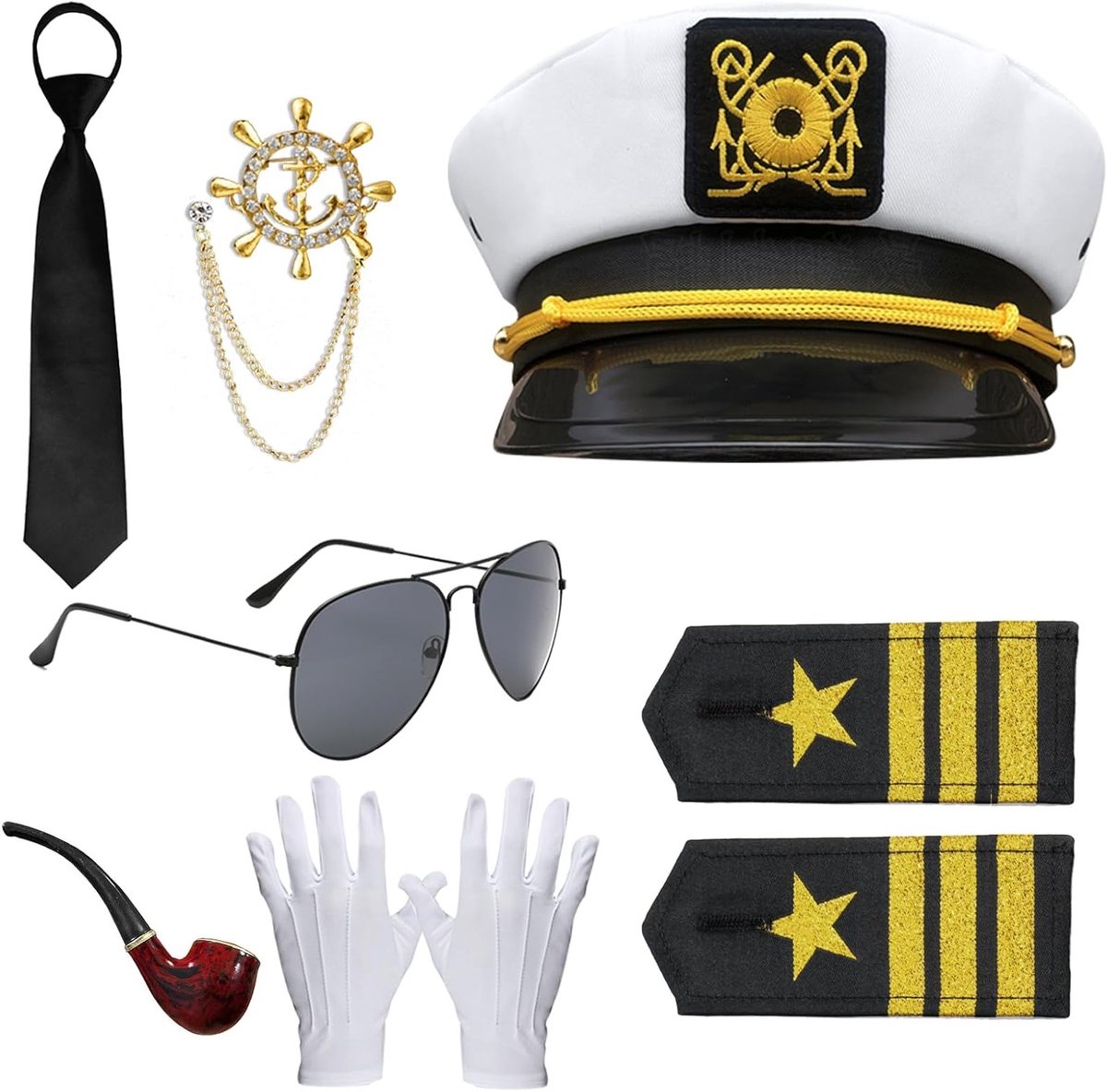 Kostuumaccessoires voor Mannen 8 Delig Set met Gouden Anker, Marine Hoed, Zwarte Stropdas en Zonnebril voor Halloween, Carnaval en Cosplay Feesten
